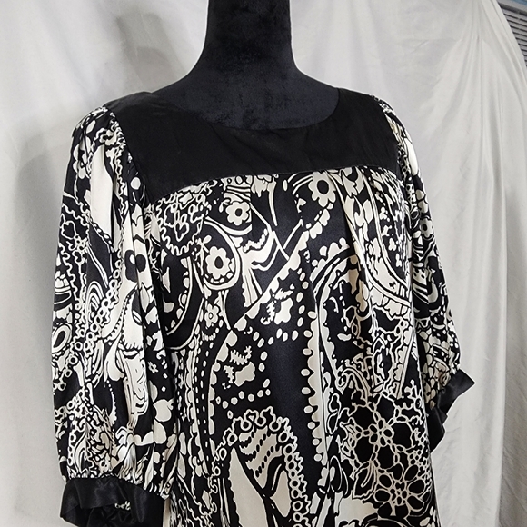DRESSBARN Size 10 Satin Mumu Floral Paisley‎ 3/4 Sleeve Lined Midi w/ Pockets - Picture 9 of 16